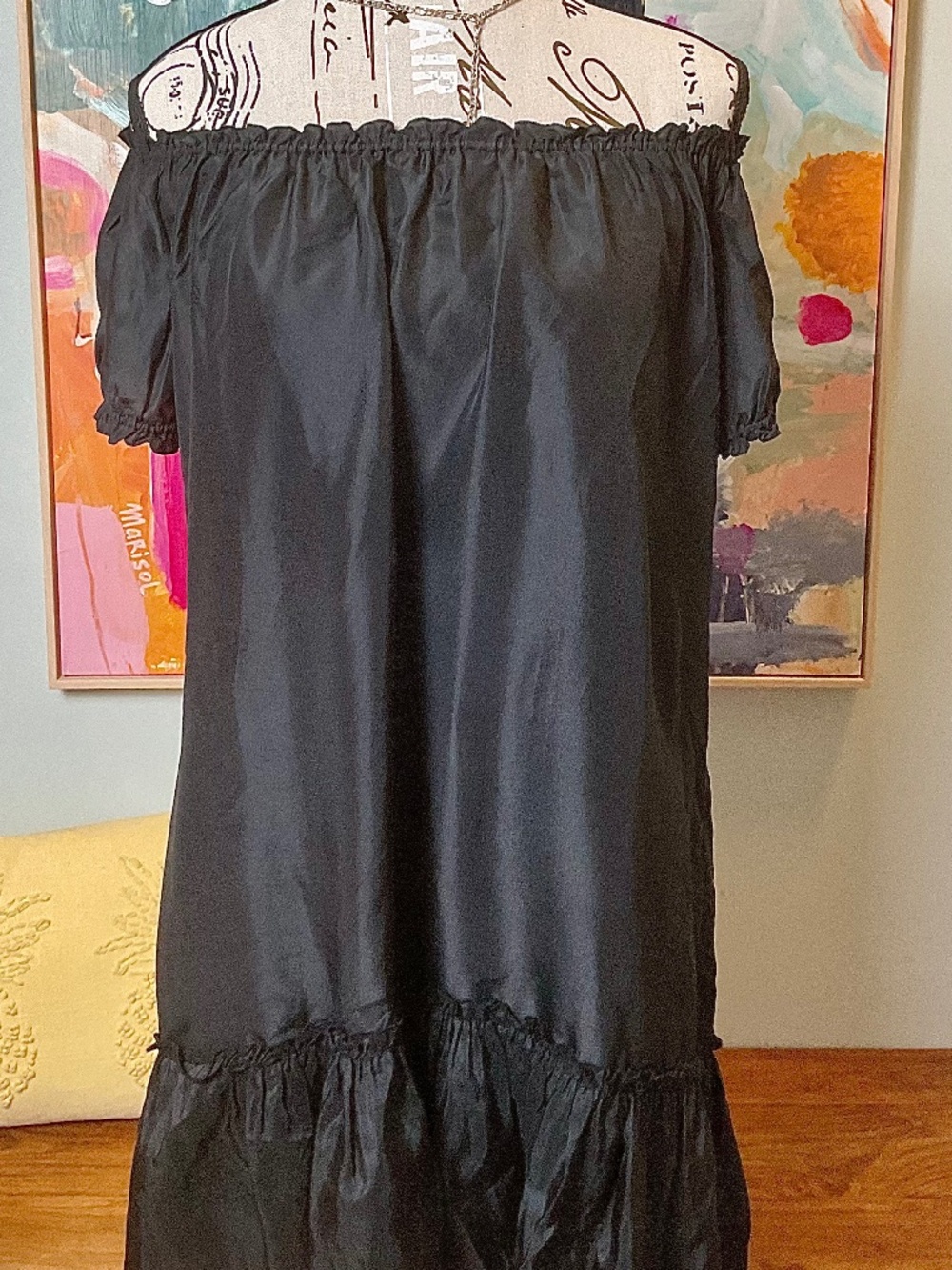 Vintage 90s Pure DKNY 100% Silk Off Shoulder Dress Tunic Black Sz 10 Minimalist